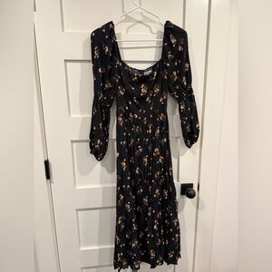 Reformation Black Floral Long Sleeve Midi Dress with Pink & Yellow Blooms
